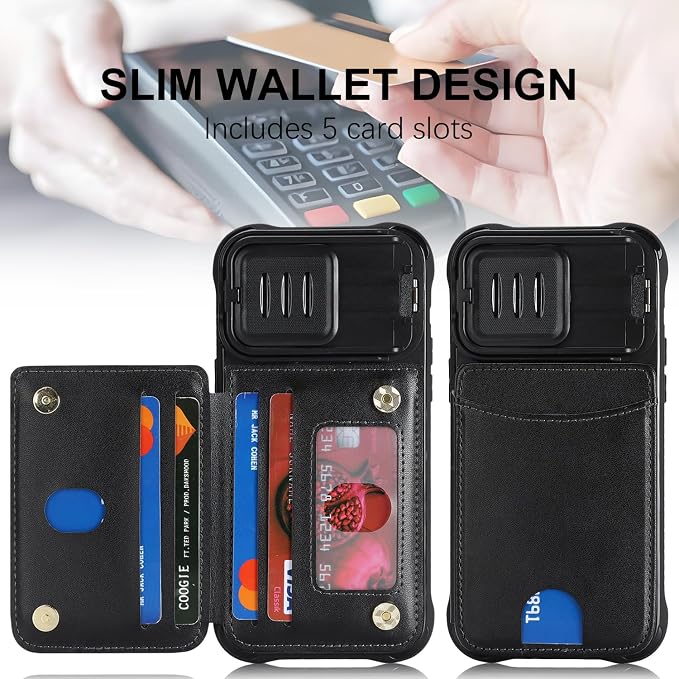 Cavor for iPhone 13 Pro Max/12 Pro Max Wallet Case with Card Holder, Black | Slide Camera Control Cover, PU Leather Kickstand Stand Protective Phone Case for Women Men - Image 2