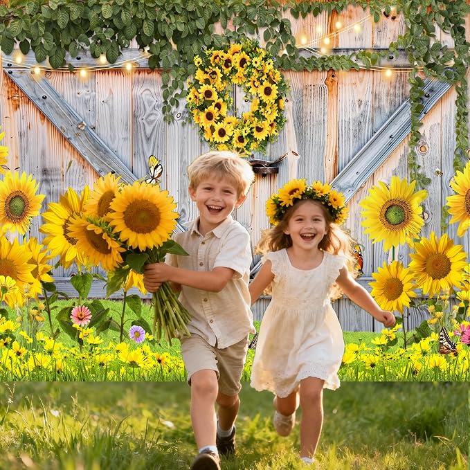 Sunflower Photo Backdrop for Photography, 8x6ft | Vinyl Wall Background for Photoshoot, Yellow Flower, Rustic Barn Wood Door, for Birthday Decorations, Outdoor Party - Image 5