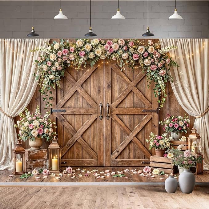 12x10ft Wedding Backdrop Rustic Floral Flower Wooden Wall Backdrop Bridal Baby Shower Ceremony Photography Background Shabby Chic Countryside Western Anniversary Wedding Party Birthday Photo Prop - Image 3