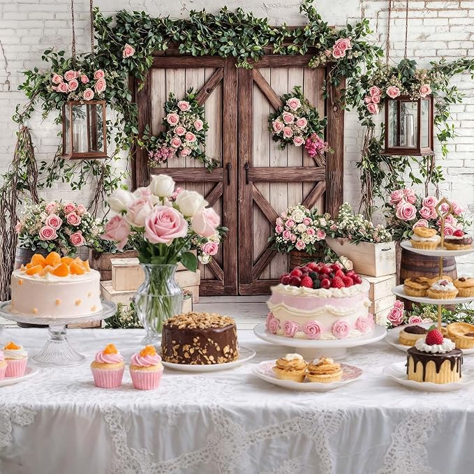 5x3ft Country Wedding Photography Backdrop Floral Rustic Roses Farmhouse Wooden Door Backdrop Pink Flower Birthday Baby Shower Wedding Bridal Party Banner Photo Booth Props Anniversary Background - Image 5