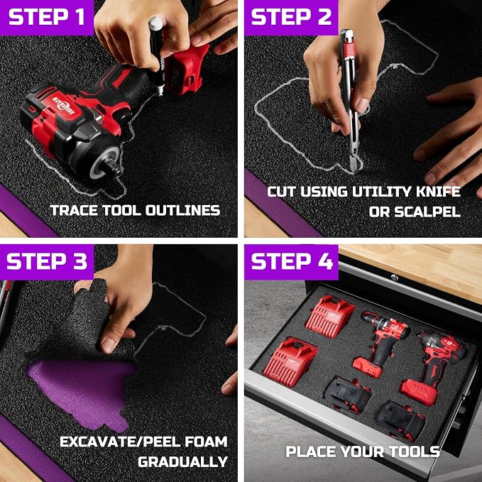 ONREVA Tool Box Foam Organizer 48x24x1 inch 1 PC, Kaizen Sheets for Pro Tool Control, Custom Tool Shadow Inserts for Cases & Drawers, High Density Polyethylene Foam, Black with Purple - Image 4