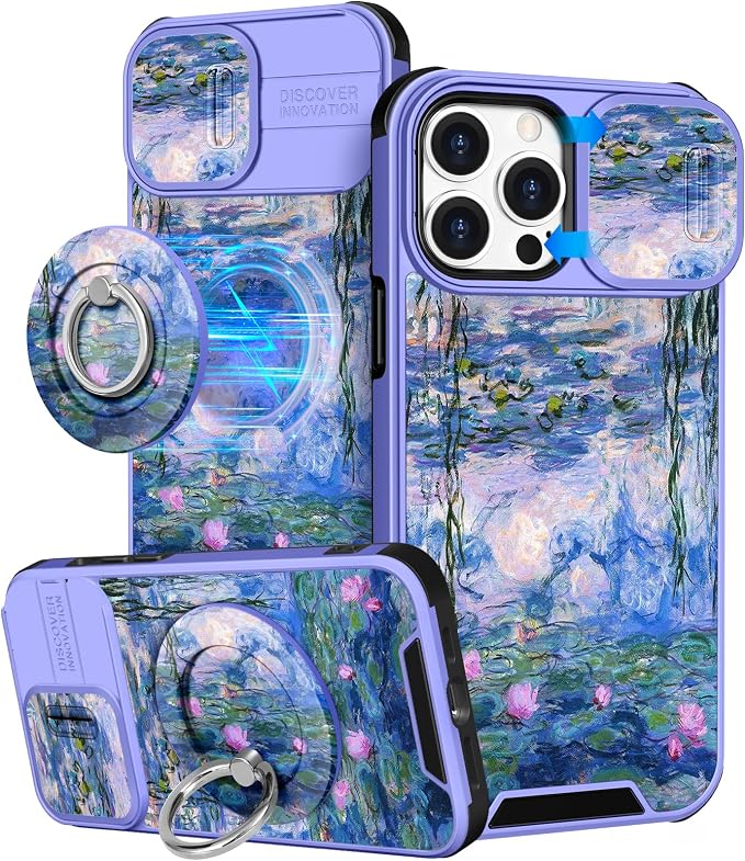 Buleens for iPhone 15 Pro Max Case 6.7 Inch - with Ring Stand & Camera Cover Aesthetic Cute Designed Women Girls Girly Kawaii Blue Water Lily Phone Case for iPhone 15 Pro Max Compatible with Magsafe by Buleens