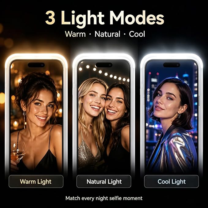 for iPhone 16 Case with Selfie Light, 3 Color Modes (White) | Compatible with MagSafe,Brightness Control, Memory Setting, USB-C Light Charging, Cable Included - Image 3