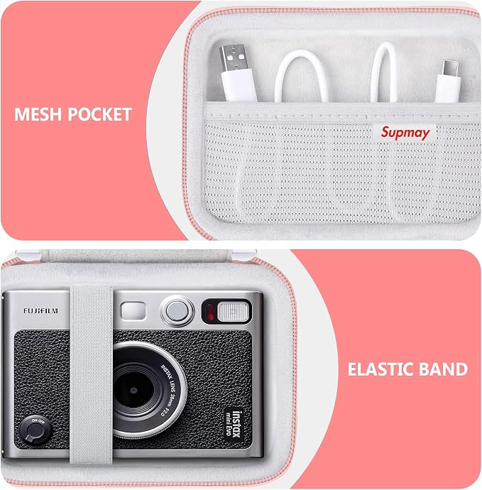 Carrying Case Compatible with Fujifilm Instax Mini EVO Instant Camera, INSTAX MINI EVO Camera Storage Holder Travel Bag with Mesh Pocket for Photos, USB Cables, Film, Rose Gold - Image 4