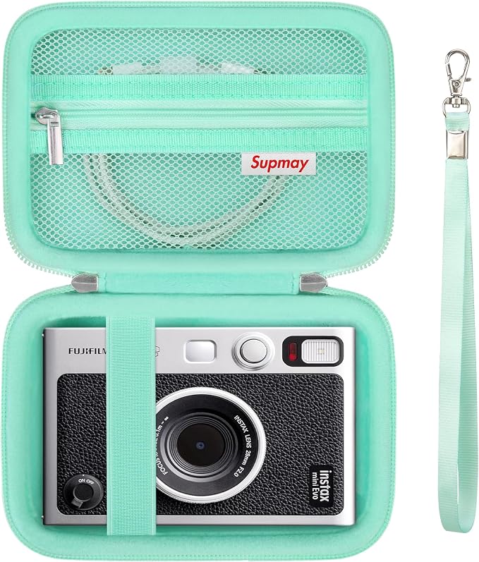 Carrying Case Compatible with Fujifilm Instax Mini EVO Instant Camera, INSTAX MINI EVO Camera Storage Holder Travel Bag with Mesh Pocket for Photos, USB Cables, Film, Green by Supmay