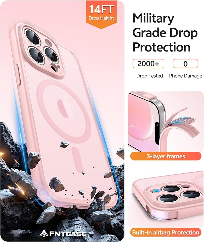 FNTCASE for iPhone 13 Pro Case, Fit for Magsafe, Screen Protector | Full Camera Protection, Translucent Matte, 14FT Military Grade Drop Proof, Shockproof Protective Phone Cover, Light Pink - Image 5