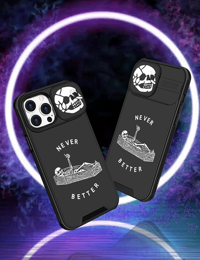 (2in1 for iPhone 15 Pro Case Skull Skeleton Women Boys Goth Phone Cover Cute Fun Gothic Black Spooky Cool Design with Slide Camera Cover Protective Stand Holder for iPhone 15 Pro Cases 6.1'' - Image 4