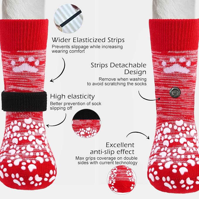 EXPAWLORER Anti Slip Dog Socks, Red, Medium, 4 Count, Fabric, Elastic Band, Dog, Paw Protection, Indoor & Outdoor - Image 2