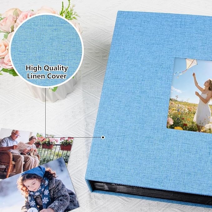 Aevdor Large Capacity 4x6 Photo Album, 1000 Photos, Linen Cover, Blue | Black Inner Pages, 3 Horizontal and 2 Vertical Pockets per Side, Front Photo Window, Family, Wedding & Travel Memories - Image 9