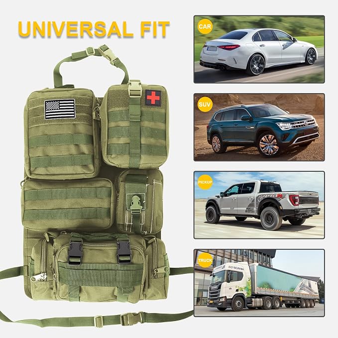 Universal Tactical Car Seat Back Organizer Bag Tactical Molle Vehicle Organizers Panel Vehicle Protector Organizers with 5 Detachable Pouches for Car Truck Ford Jeep (Army green) - Image 7