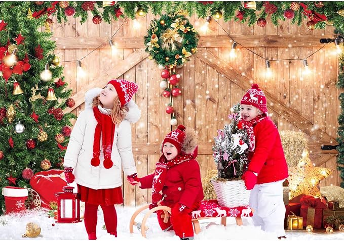 Christmas Backdrop Soft Fabric Rustic Barn Wood Door Backdrop for Photography Xmas Tree Snow Wall Floor Party Photo Background Family Banner Decorations Studio Prop Pictures(7x5ft) - Image 3