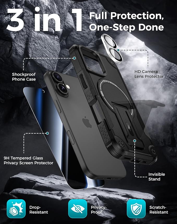 Goton 3 in 1 for iPhone 16 Plus Case with Privacy Screen Protector Black | Glass Camera Lens Protector,Compatible for MagSafe,Invisible Kickstand, Shockproof Phone Cover for iPhone16 Plus - Image 3