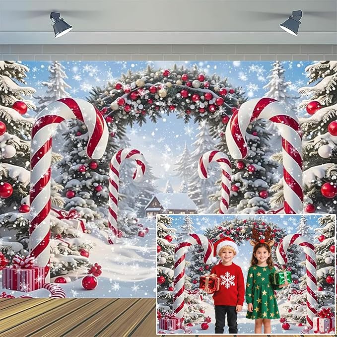 Winter Christmas Cane Candy Photography Backdrop 12x10ft Xmas Snow Scene Christmas Tree Background New Year Eve Party Decorations Banner Winter Holiday Photo Studio Props Vinyl by XMJJKUF
