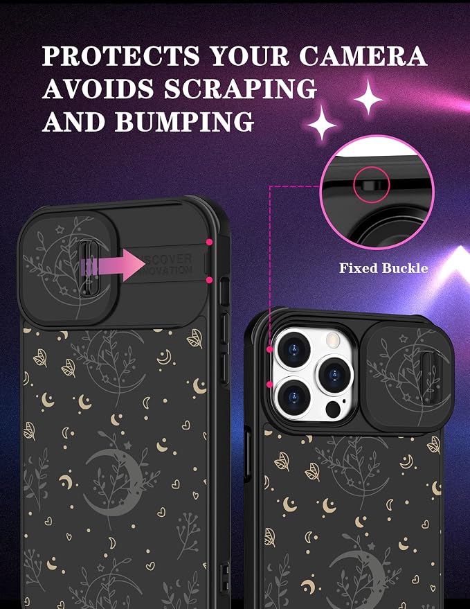 Case for iPhone 12 Pro Black | 2in1, Moon Plants, for Women Girls, Cute Phone Cover, Flower Heart Stars Space Design, with Slide Camera Cover, Protective, Fashion, Cases, 6.1'' - Image 3