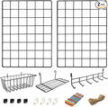ODOXIA 2 Pack Wire Wall Grid Panel With Accessories | Includes Hanging Basket, Shelf & Hook Rack | Photo Grid Wall Panels | Hanging Home, Office & Kitchen Décor | Metal & Black by Odoxia