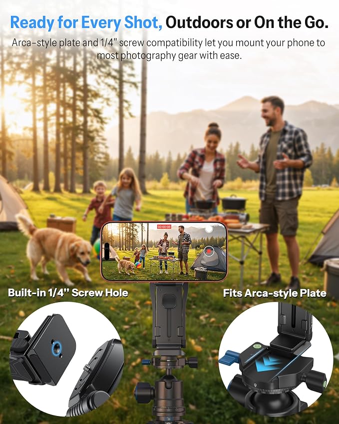 OMOTON TP02-Pro-BK, Basic Vlogging Kit: Dual-Sided Magnetic Phone Mount with 2 Bluetooth Remotes | Arca-type Base with a 1/4" Screw Hole, Selfie Stick with Rear Attachment Ring, for iPhone 12-17 Series, Gym Kitchen Travel - Image 4