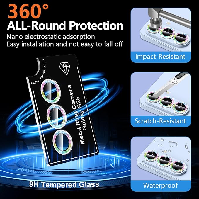 for Samsung Galaxy S26 Camera Lens Protector, Individual Metal Ring Tempered Glass Lens Cover, [Strong Adsorption] Scratch Resistant Ultra-Thin HD Clear Lens Cover,1 Set-Colorful Sparkly - Image 2