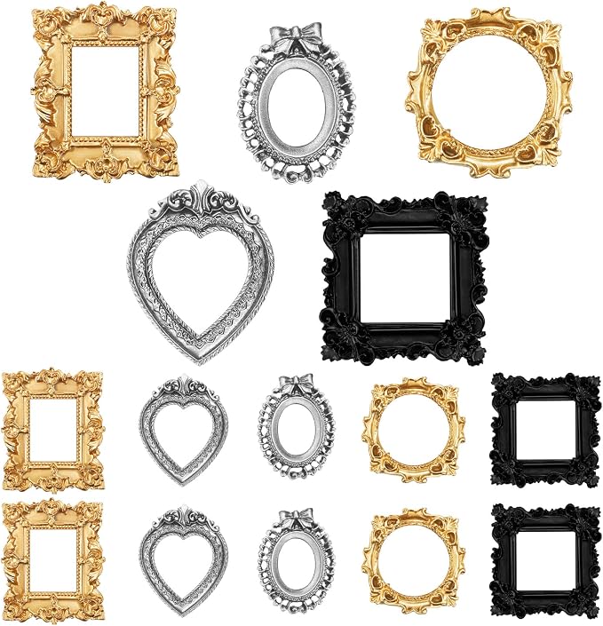 Vicenpal 15 Pcs Black, Gold, Silver Mini Vintage Picture Frames Bulk | Small Vintage Photo Frames, Antique, Resin, Baroque, Ornate, Cute Wallet Size, for DIY Jewelry Gifts Christmas Wedding Decor by Vicenpal