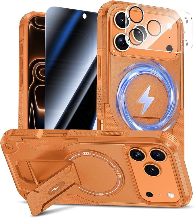 Goton 3 in 1 for iPhone 17 Pro Case with Privacy Screen Protector Orange | Glass Camera Lens Protector,Compatible for MagSafe,Invisible Kickstand, Shockproof Phone Cover for iPhone 17Pro by Goton