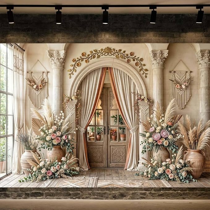 10X6.5ft Boho Floral Wedding Backdrop Retro Elegant Flowers Wall Photography Background Beige Vintage Wedding Bridal Shower Mother's Day Event Party Home Art Decor Portrait Photoshoot Props - Image 2