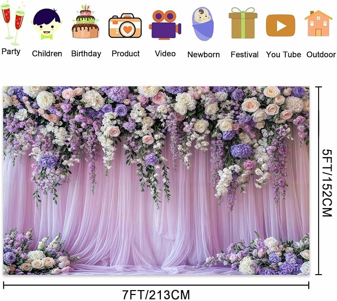 6x4ft Purple Lavender Floral Bridal Backdrop Wedding Flower Photography Backdrop for Girl Portrait Baby Shower Birthday Party Decor Banner Mother's Day Party Wall Backdrop Studio Photo Backgrounds - Image 5