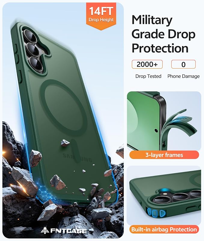 FNTCASE for Samsung Galaxy S25 FE Case, Fit for Magsafe, Screen Protector | Translucent Matte Magnetic Back, 14FT Military Grade Drop Protection, Slim Shockproof Protective Phone Cover, Green - Image 5
