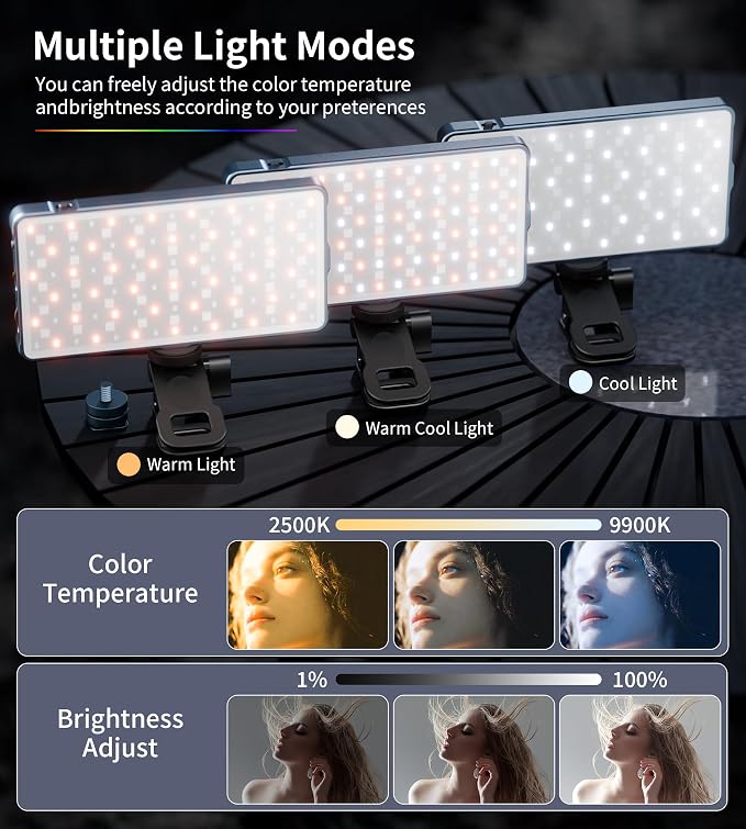 Zecti 135 LED Selfie Camera Phone Light with Metal Hotshoe & Clip | 4000mAh CRI 96+ RGB Video Light, 2500K-9900K 21 Scenes Portable Camera Light for TikTok,Content Creator,12W Max Output Power - Image 4