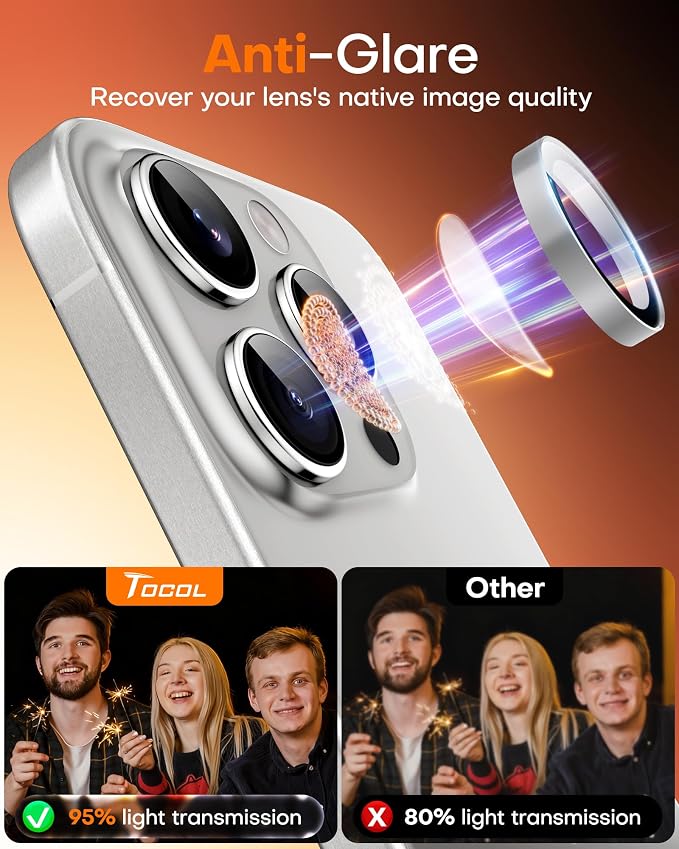 TOCOL for iPhone 16 Pro Max Camera Lens Protector/iPhone 16 Pro Camera Lens Protector Tempered Glass HD Individual Scratch Resistant Cover Accessories Case Friendly 2 Pack（Silvery） - Image 6