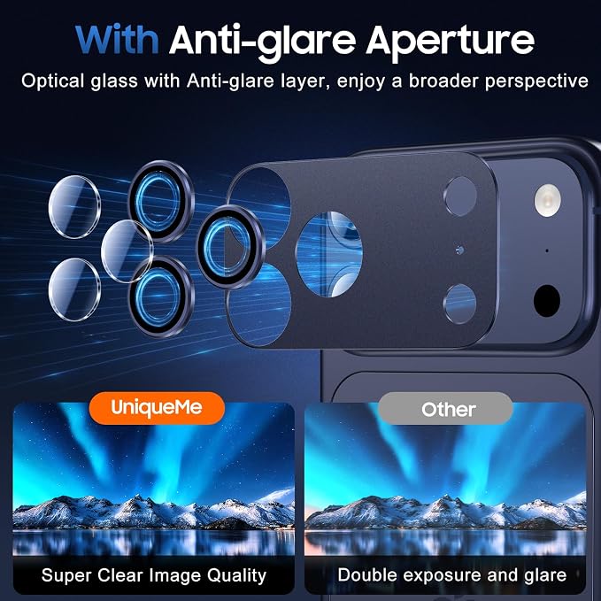 UniqueMe for 3 Pack iPhone 17 Pro Camera Lens Protector - All Blue | Drop Protection, Case Friendly, 9H Tempered Glass, Camera Cover Screen, Update New Version - Image 4