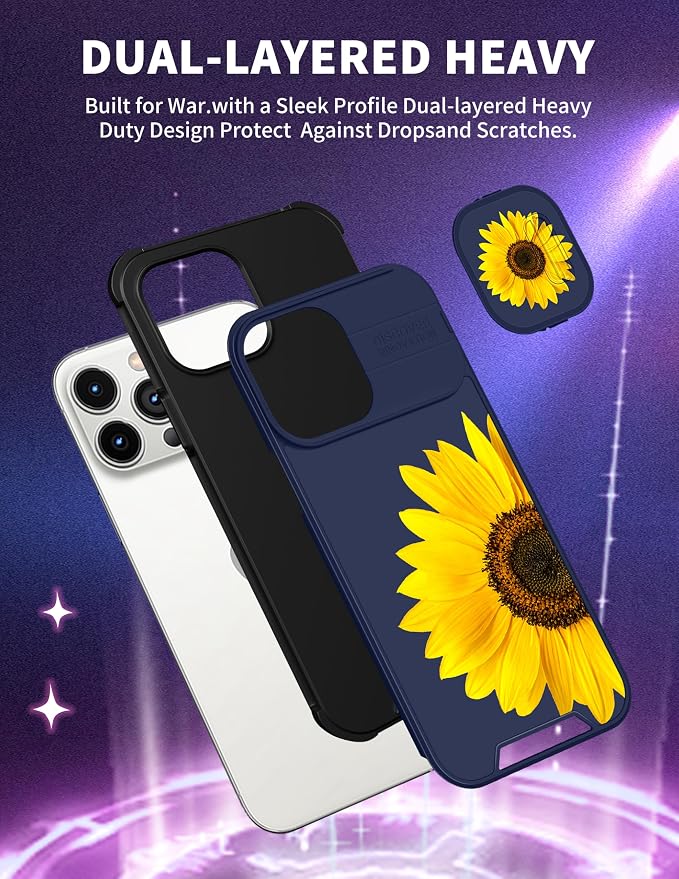 (2in1 for iPhone 15 Pro Case Sunflower Floral for Women Cute Phone Cover Girly Sun Flowers Pretty Blue Design with Slide Camera Cover Protective Stand Holder for iPhone 15 Pro Cases 6.1'' - Image 5