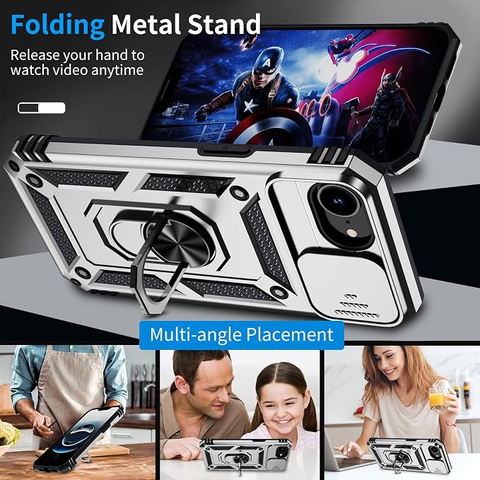 for iPhone 17e Case & iPhone 16e Case with 2X HD Screen Protector & Slide Camera Cover & Rotated Ring Kickstand, Rugged Heavy Duty Protective Phone Case for iPhone 17e/16e 6.1", Silver - Image 3