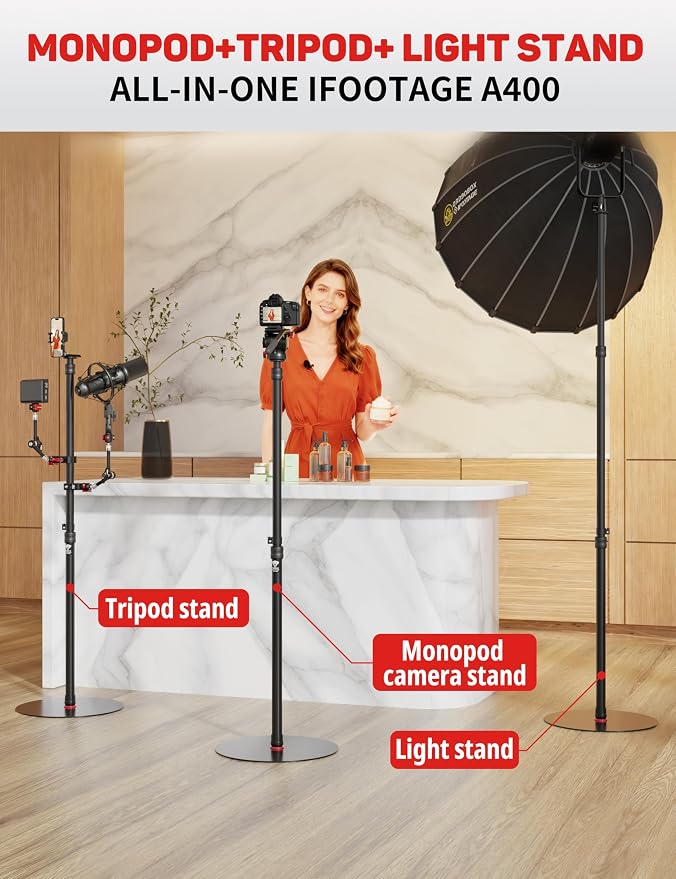 IFOOTAGE A400 Round Base Monopod Light Stand 79" Aluminum | Tripod Camera Floor Stand with 1/4" & 3/8" Screw Light Adapter for Camera Light Webcam Backdrop, Payload 22lb - Image 2