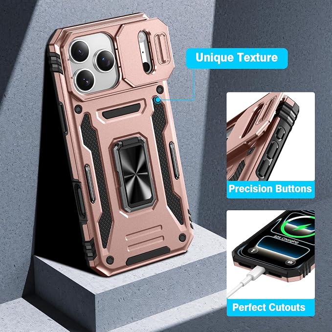 VEGO for iPhone 17 Pro Max Case with Slide Camera Cover and Kickstand | Privacy Screen Protector & Ring Kickstand Military Grade Protection Cover for iPhone 17 ProMax - Rose Gold - Image 7