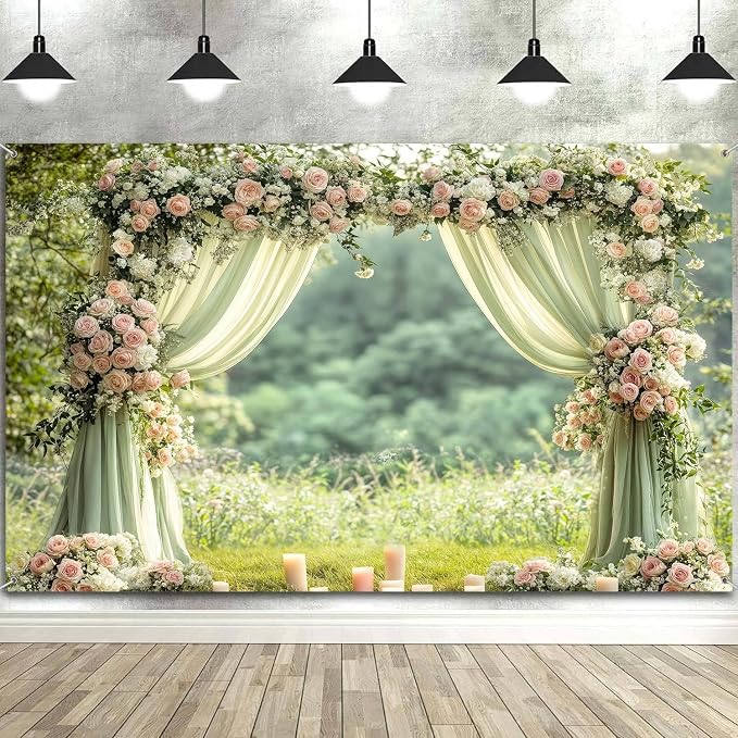 5X3ft Sage Green Floral Wall Backdrop Green Wedding Flower Arch Photography Background Spring Tea Party Backdrop Floral Girls Birthday Weeding Valentine's Day Mother's Day Event Banner Photo Props - Image 4