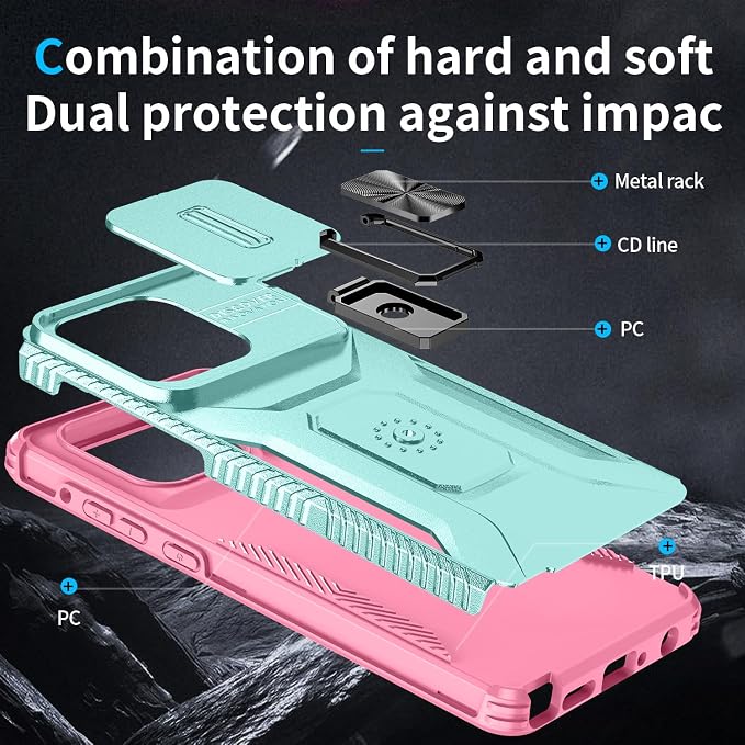 for Moto G Stylus 2025 Case,with Sliding Camera Lens Cover,HD Screen Protector,360° Rotating Kickstand,AYMECL Military-Grade Shockproof Protective Cover for Motorola G Stylus 5G 2025,Mint+Pink - Image 4