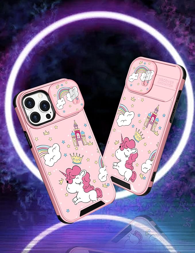 (2in1 for iPhone 12 Pro Max Case for Cartoon Kawaii Unicorn Rainbow Girly Phone Cover Cute Unique Design with Slide Camera Cover Protective Pink Cases for iPhone 12 ProMax 6.7'' - Image 4