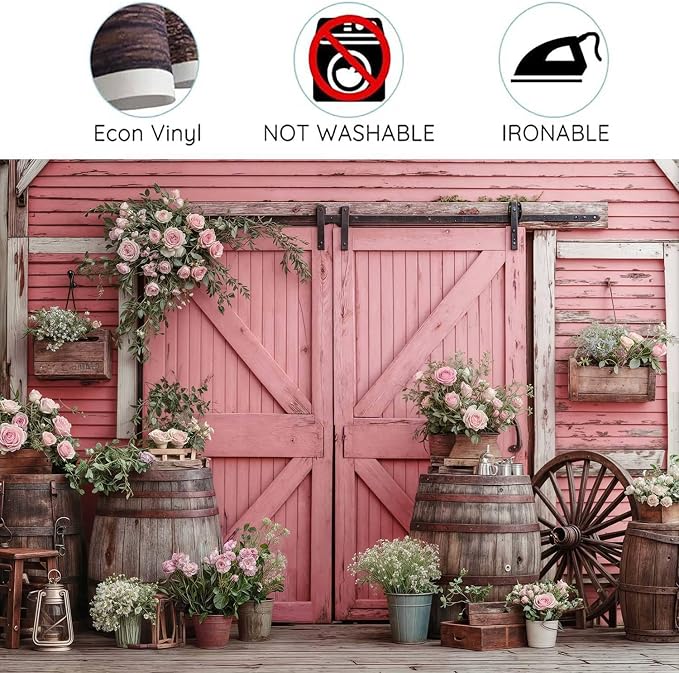 6x6ft Country Wedding Pink Photography Backdrop Rustic Wooden Barn Door Photography Backdrop Farmhouse Flower Western Girl Birthday Baby Shower Wedding Bridal Party Banner Photo Booth Props Background - Image 6