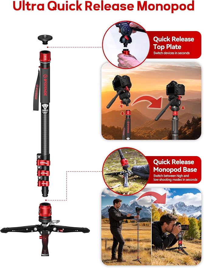 IFOOTAGE Cobra 3 C180F-P Carbon Fiber Camera Monopod 71" | Travel Monopod with Feet, 1/4" & 3/8" Quick Release Compatible with Sony Canon Nikon DSLR Camera, Payload 17.6lb - Image 3