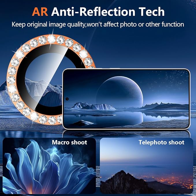 for Samsung Galaxy S26 Ultra Camera Lens Protector, Individual Metal Ring Tempered Glass Lens Cover, [Strong Adsorption] Scratch Resistant Ultra-Thin HD Clear Lens Cover, 1 Set-Orange Diamond - Image 3