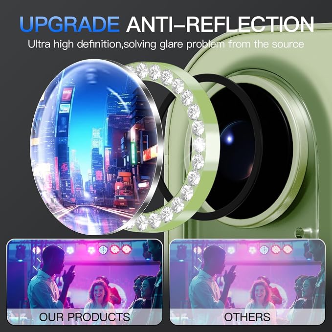 Suoman for iPhone 17 Camera Lens Protector, Glitter Diamond Individual Metal Tempered Glass Camera Lens Cover [Strong-Adhesion][Does not Affect Night Shots] -Green - Image 3
