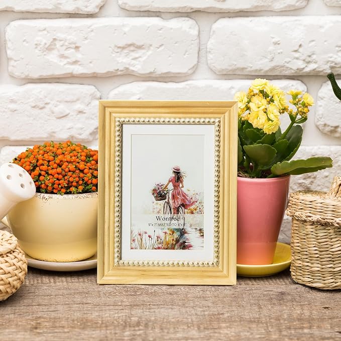 5x7 Picture Frame in Nature with Gold Beaded Border, Pine Wood with Real Glass, Display 5x7 Photos Matted to 4x6, Vertical and Horizontal Desk Tabletop or Wall Hanging - Image 6