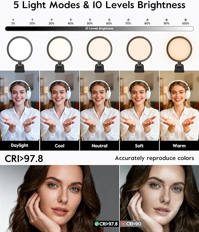 5" Ring Light for Computer, Eye-Care Lighting for Zoom Meetings, Streaming | Upgraded Panel, Ultra Soft, 50 Modes, CRI>97.8, Memory, Portable Light for Laptop, Monitor & Webcam - Image 4