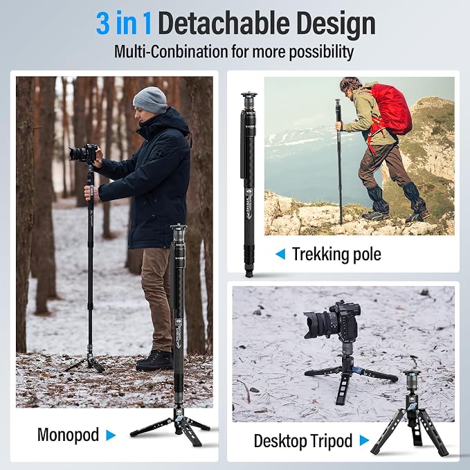 SIRUI SVM-145 Carbon Fiber Camera Monopod with Feet, 60.7" Professional Lightweight Travel Monopod with Fluid Video Head for DSLR Camera, One-Step Height Adjustment, Modular, Max Load 22lbs - Image 4