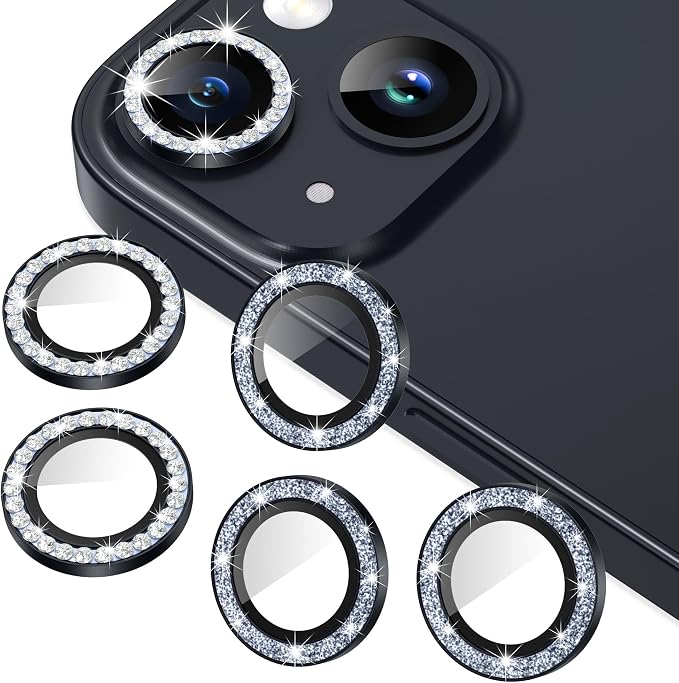 AGVEE 3+3 6 Pack for iPhone 14/14 Plus Camera Lens Protector Cover | Individual Bling Diamond & Bling Glitter Sparkle Cute Gem Metal Ring, 9H Tempered HD Glass by AGVEE