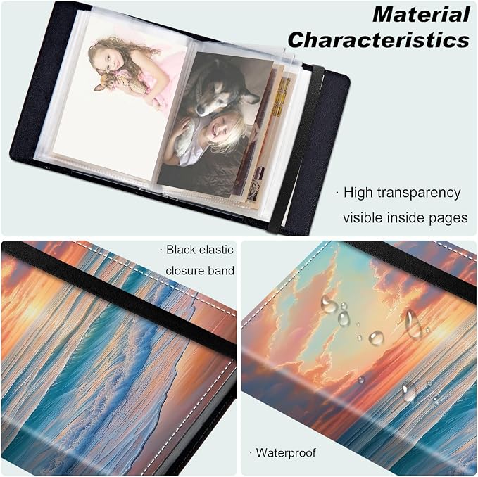 DEGDFSGR Small Photo Album 4x6 60 Pockets 120 Photos - Adventure Book Baby Photo Albums Photo Books for 4X6 Pictures Memory Book with Black Elastic Band for Photo Storage, The Setting Sun - Image 5