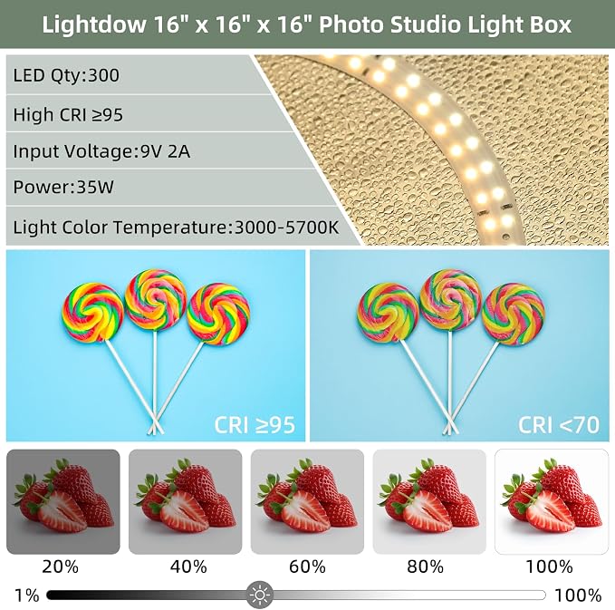 Lightdow 20"x20"x20" Photo Studio Light Box Photography with 300 LEDs(CRI>95) & Type-C Plug(35W)+Cable,6 Backdrops-Portable/Dimmable Folding Shooting Tents for Toys/Jewelry/Bonsai/Bags/Suitcases - Image 4