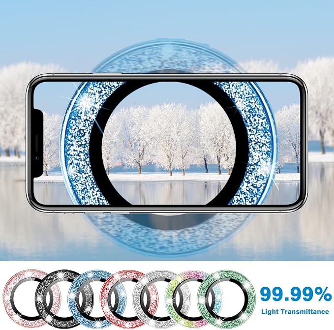 for iPhone 13 Mini & iPhone 13 Camera Lens Protector, Bling Glitter 9H Tempered Glass Camera Cover Anti Scratch Shockproof Screen Protector Individual Ring - 2Pcs Glitter Blue - Image 2
