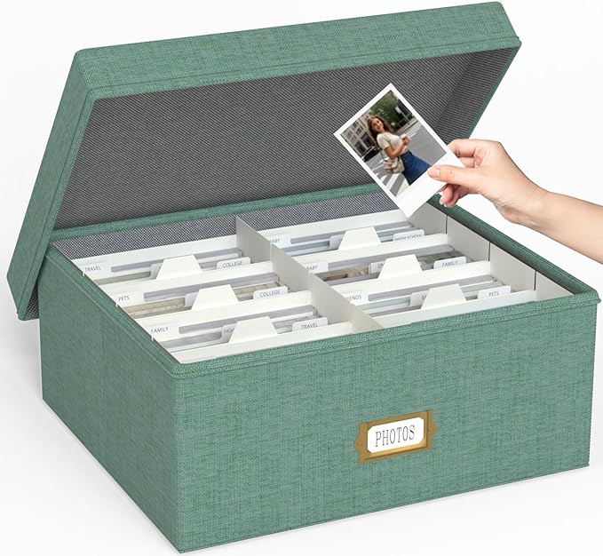 Decorative Photo Storage Box, Linen Photo Box Holds 1700 4x6 Pictures Green | Photo Storage Containers with 8 Dividers, Memory Keepsake Organizer for Photos, Scrapbook Supplies, Cards, Stamps,Archive Box by JOLENSOY