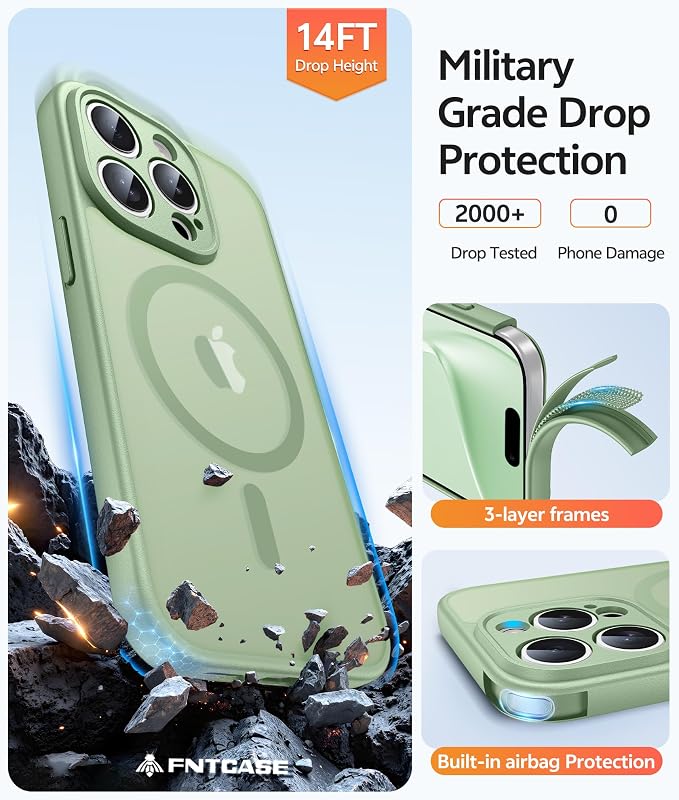 FNTCASE for iPhone 15 Pro Max Case, Fit for Magsafe, Glass Screen Protector | Full Camera Protection, Translucent Matte, 14FT Military Grade Drop Proof, Shockproof Protective Phone Cover, Light Moss - Image 5