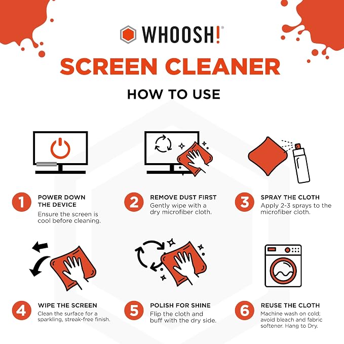 WHOOSH! Screen Shine Go XL – Screen Cleaner Spray & Wipe Kit, 3.4 fl oz | Includes 6x6" Microfiber Cloth, Sleek Bottle for Home & Travel, Streak Free Finish, For Car, Computer, MacBook & Eyeglasses - Image 7